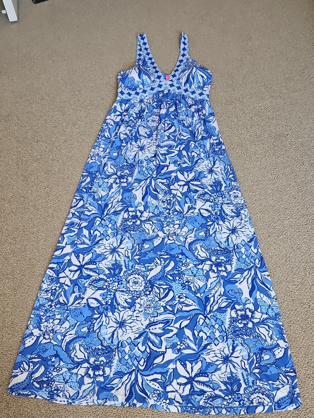 Lilly Pulitzer Serena V-neck Maxi Dress "Blue Tang Flocking Fabulous" Sz. 6 EUC